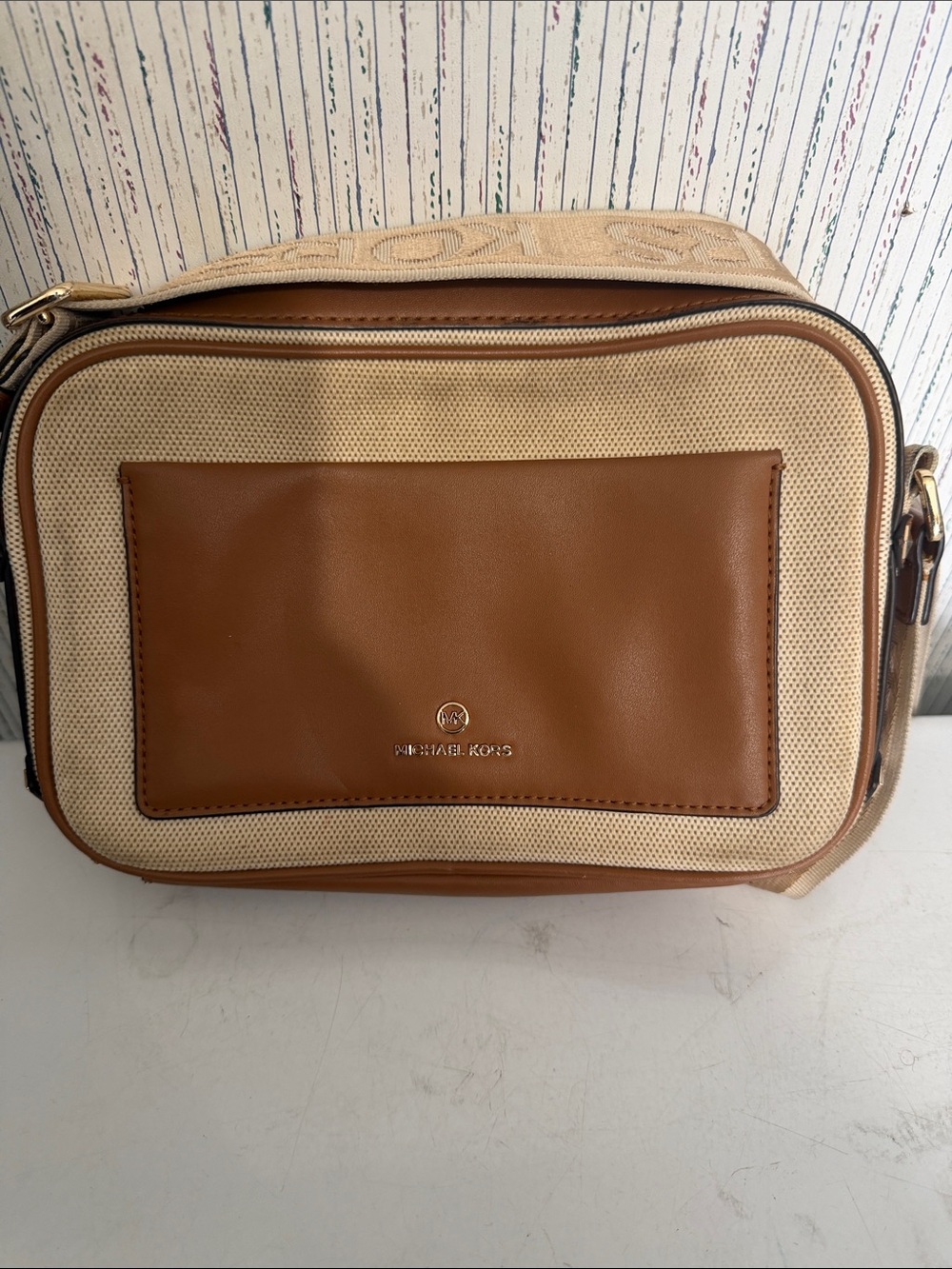 Michael Kors Cream Canvas and Tan Leather Messenger Bag